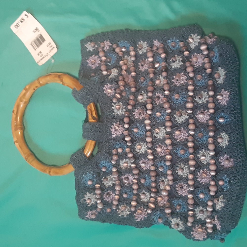 AUGUST  BLUE BEADED, WOVEN PURSE WITH BAMBOO HANDLES